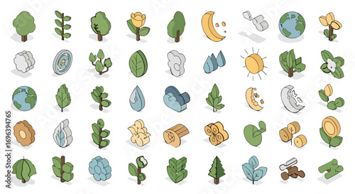 Vibrant isometric nature, planet, and weather vector icon pack trees leaves flowers sun moon clouds