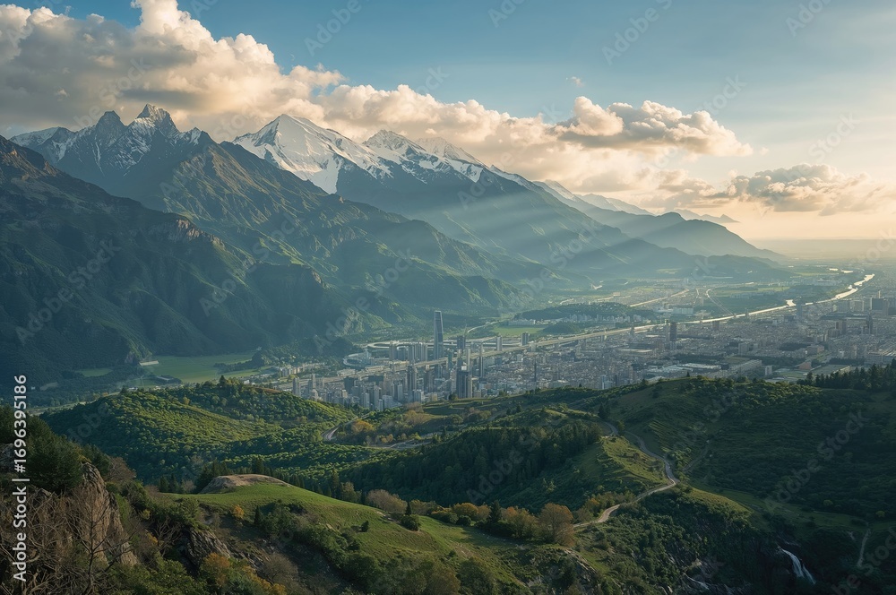 Fototapeta premium Hills, clouds, sky, cityscape, and mountains