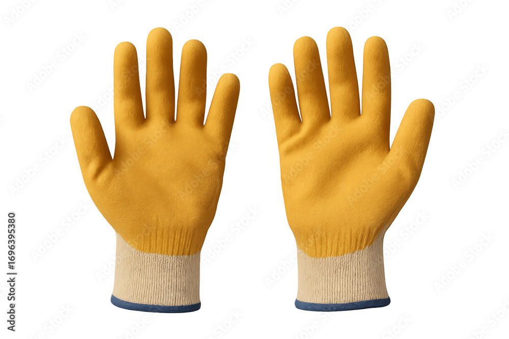 Obraz premium Pair of yellow work gloves showing open palms on transparent background