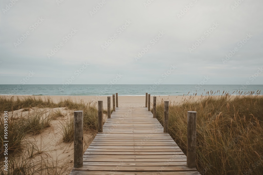 Fototapeta premium A worn wooden walkway descends to a peaceful sandy shore with gentle waves and an overcast sky.