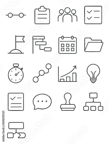 Project management icons in minimalistic line art style: timeline, clipboard, team icon, checklist, milestone flag, gantt chart, calendar, file folder