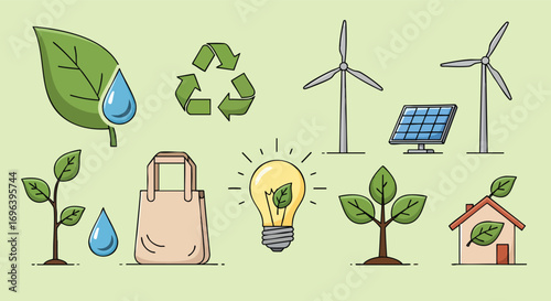 Eco-friendly sustainable energy conservation flat line icon collection green environment recycle planet earth renewable future