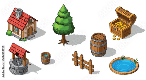 Detailed isometric fantasy village game assets cartoon style isolated house tree chest well barrel fence pond coin vector
