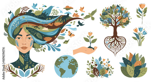Sustainable Mother Earth and nature conservation flat vector illustration ecology environment green plants animals globe