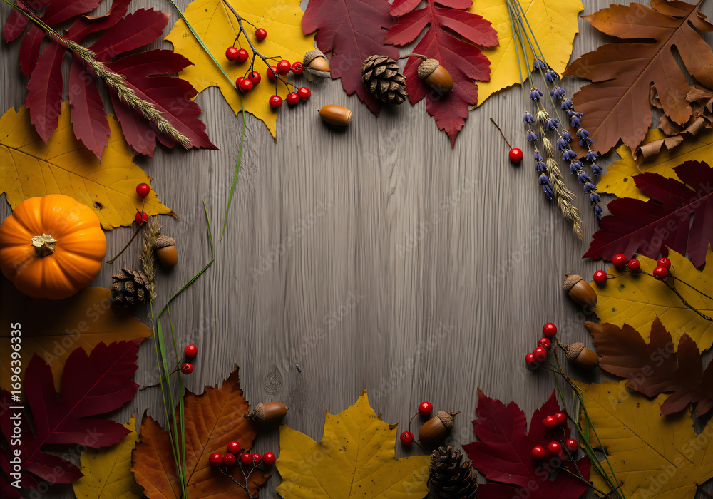 Obraz premium Atmospheric autumn composition with pumpkins and leaves on a wooden background with space for text.