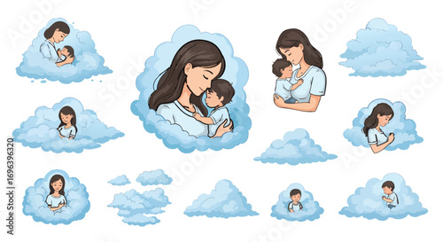Loving mother and child in serene cloud collection vector family parenthood bonding love peace care childhood heaven prayer