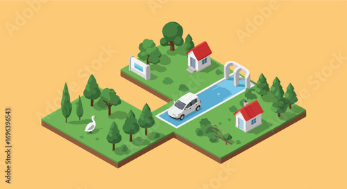 Isometric village map with houses car trees and swan community environment transport flat vector nature
