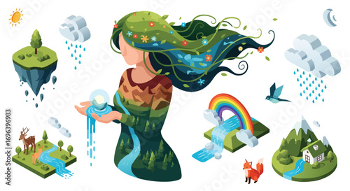 Mother Earth figure nurturing isometric nature elements world Environment Ecosystem Conservation Wildlife Water Forest Rainbow Mountains
