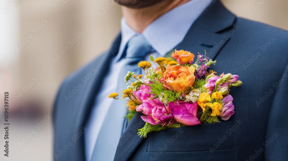 Elegant boutonniere with vibrant flowers adorns a groom's suit during a wedding ceremony in a scenic outdoor setting Elegant boutonniere with vibrant flowers adorns a groom's suit during a wedding ceremony in a scenic outdoor setting