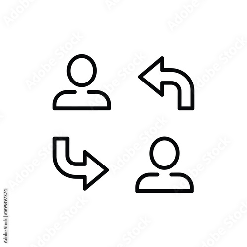 Two people exchanging information with arrows