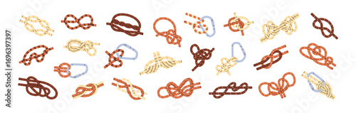 Set of different techniques of rope knots. Reefing of nodes for climbing. Various bonds: sailor, marine, hitch, with carabiner. Tied strings. Flat isolated vector illustrations on white background