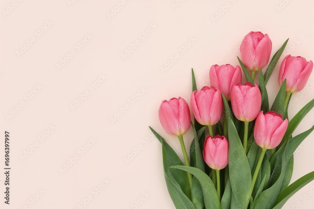 Fototapeta premium Floral backdrop with pink tulips on a neutral canvas and ample space for text. Spring floral design for posters.