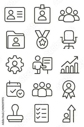 Human Resources icons in minimalistic line art style: profile card, resume, ID badge, team icon, candidate file, award medal, interview chair,