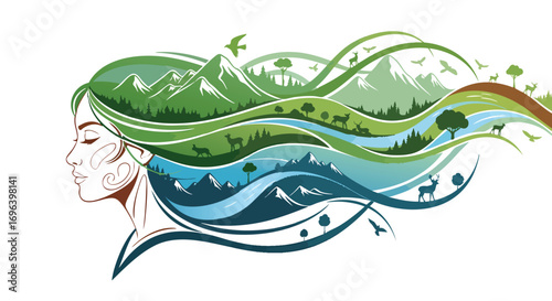 Woman's profile with hair transforming into natural landscape Nature environment ecosystem wildlife conservation serene green blue