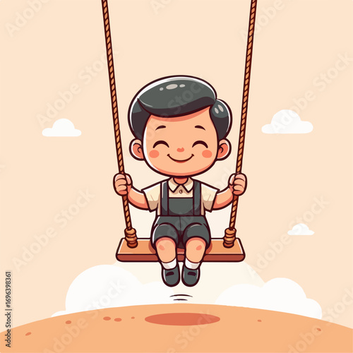 Cartoon illustration of a boy playing on a swing