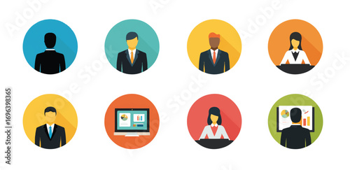 Diverse business people avatars for company website vector illustrations with professional dress and presentation icons