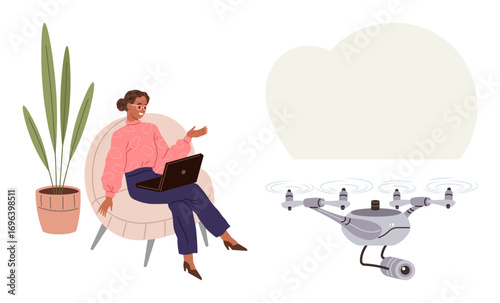 Woman sitting in a chair with a laptop, a flying Quadcopter nearby, discussing or analyzing technology. Ideal for innovation, remote work, advanced tech, Quadcopters, artificial intelligence