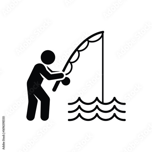 Stick figure angler fishing in wavy water icon