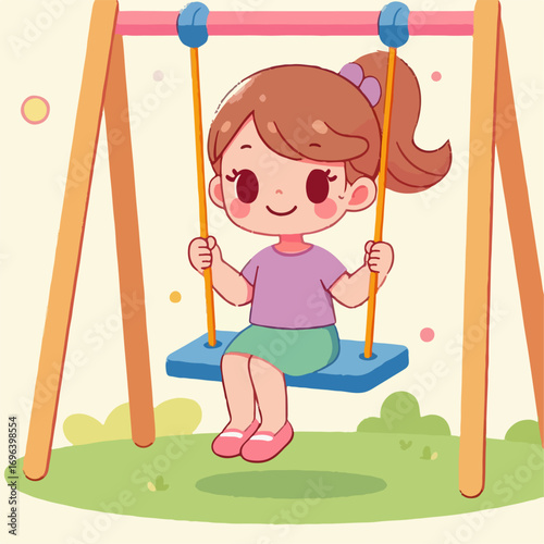Cartoon illustration of a girl playing on a swing