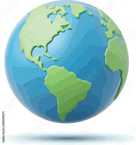 Three-dimensional illustration of a cartoon style blue and green planet Earth globe, isolated on a white background