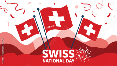 Celebrate Swiss National Day with patriotic flags and festive confetti, a vibrant tribute to Switzerland's rich heritage and traditions