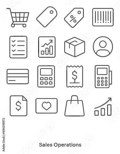 Sales Operations icons in minimalistic line art style: shopping cart, product label, discount tag, barcode, order list, sales report, delivery box,