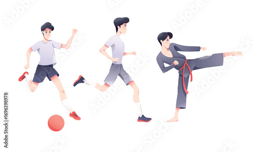 Dynamic Male Athlete Engaged in Sporty Action and Various Sports Activities and Movements