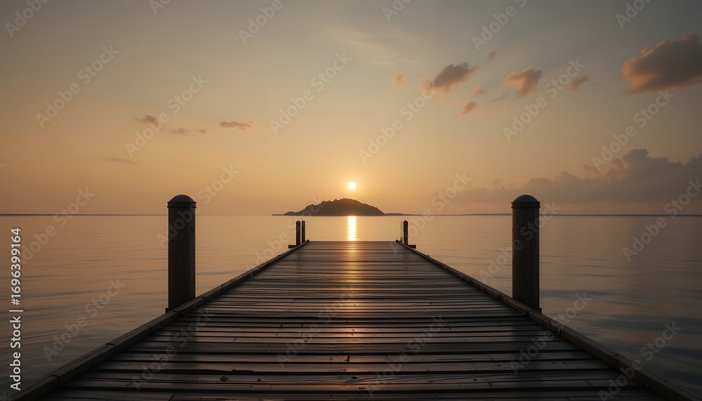 Fototapeta premium serene wooden pier extending into calm water during tranquil sunset with distant island