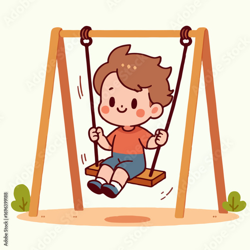 Cartoon illustration of a boy playing on a swing