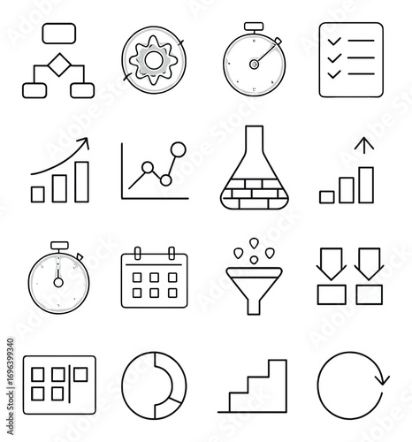 Workflow Optimization icons in minimalistic line art style: flowchart, process gear, time tracker, checklist, efficiency icon, performance chart,