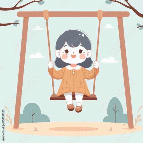 Cartoon illustration of a girl playing on a swing