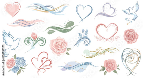 Elegant watercolor style hearts doves roses love theme design elements wedding valentine romance floral graphic vector soft anniversary peace decorative
