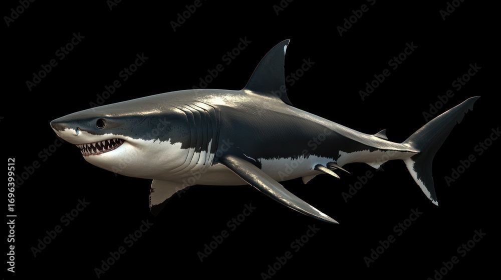 Fototapeta premium A Great White Shark Swimming in Dark Waters
