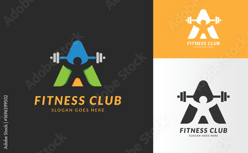 letter A with a person lifting a barbell Fitness club logo design