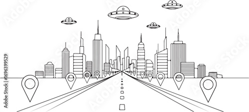 Road to the future city with flying UFOs and location pins vector illustration