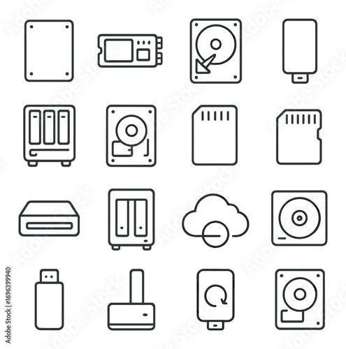 Storage Devices icons in minimalistic line art style: SSD, NVMe drive, HDD, external SSD, RAID array, tape drive, SD card, microSD card, card reader,