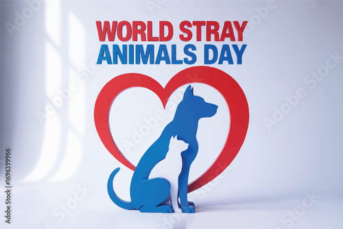 A minimalist papercraft design showing dog and cat silhouettes inside a red heart, symbolizing animal welfare and adoption awareness