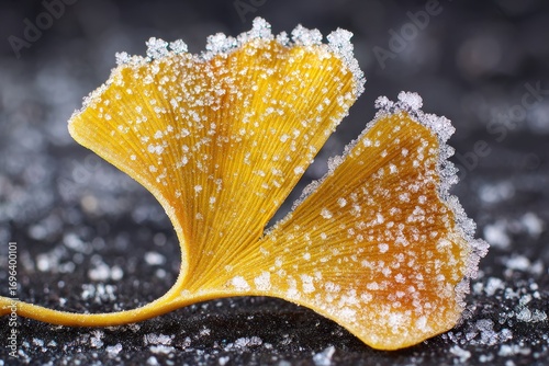 A delicate yellow ginkgo leaf covered in sparkling white frost crystals on a dark, cold surface.