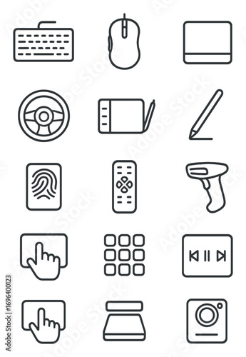 Input Devices icons in minimalistic line art style: keyboard, gaming mouse, touchpad, joystick, steering wheel, drawing tablet, stylus pen, barcode