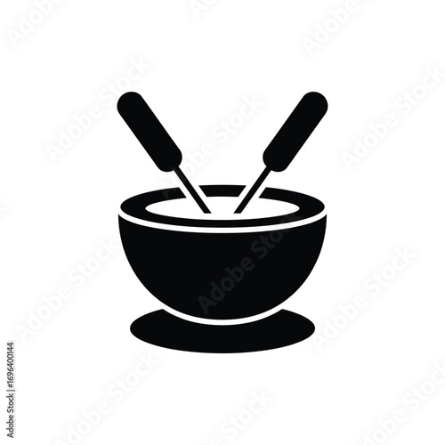 Black silhouette of a fondue pot with two dipping utensils