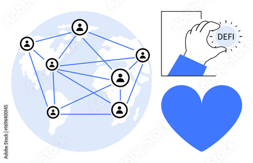Network of connected users over world map, hand holding DeFi coin, blue heart. Ideal for finance, technology, blockchain, global networks, decentralized systems, collaboration simple landing page