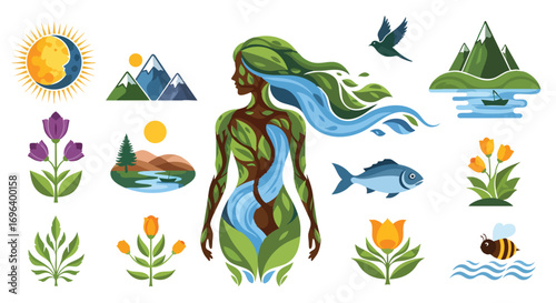 Nature elements collection earth mother vector graphic design icons ecology environment conservation sustainability flat symbols set