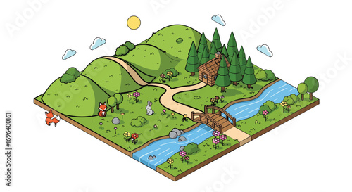 Charming isometric forest landscape cabin river animals path bridge hills trees flowers nature game vector