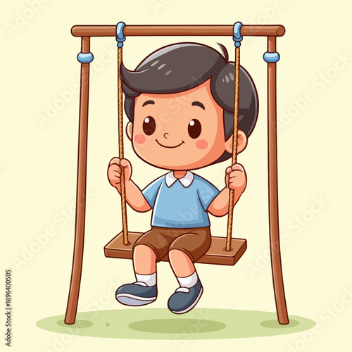 Cartoon illustration of a boy playing on a swing