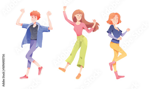 Energetic Dance Poses of Young Trendy Characters Engaging in Vibrant and Joyful Activities