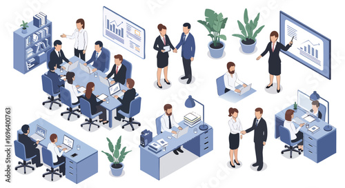 Isometric business professionals working office collaboration meeting vector illustration Business Teamwork Presentation Corporate Strategy Success Productivity Partnership People Management