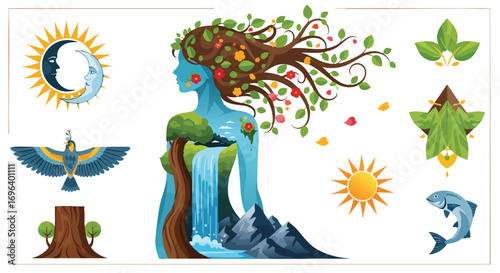 Mother Earth Gaia nature elements concept vector illustration Sun Moon Bird Fish Water Mountains Trees Flowers