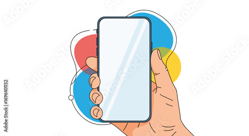 Hand holding modern smartphone displaying blank screen with colorful abstract background for app promotion