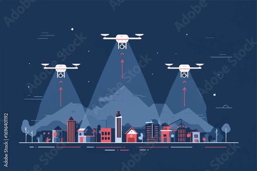 Drones Flying over Urban Landscape at Night Flat Vector Illustration for Modern Technology Applications