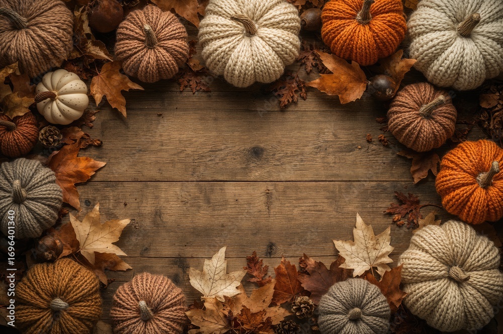 Fototapeta premium Autumn and winter craft setup featuring knitted pumpkins and shimmering maple leaves in a flat lay style